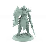 intimidating warrior with skull shield and barbed spear in defensive stance from unchained collection