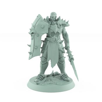 intimidating warrior with skull shield and barbed spear in defensive stance from unchained collection