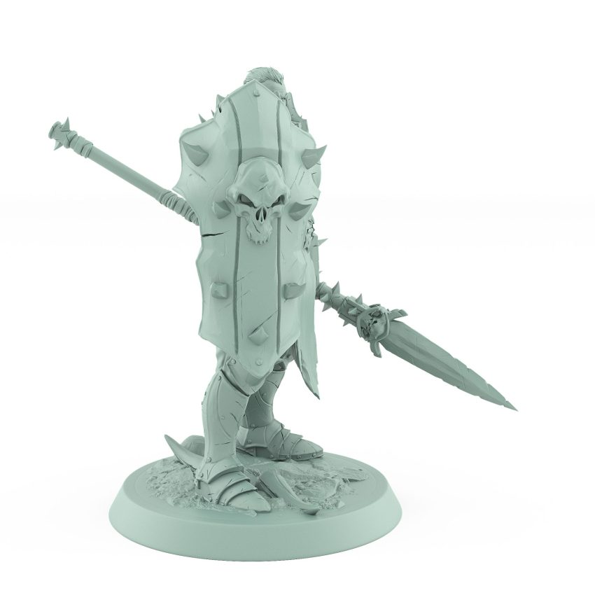 intimidating warrior with skull shield and barbed spear in defensive stance from unchained collection