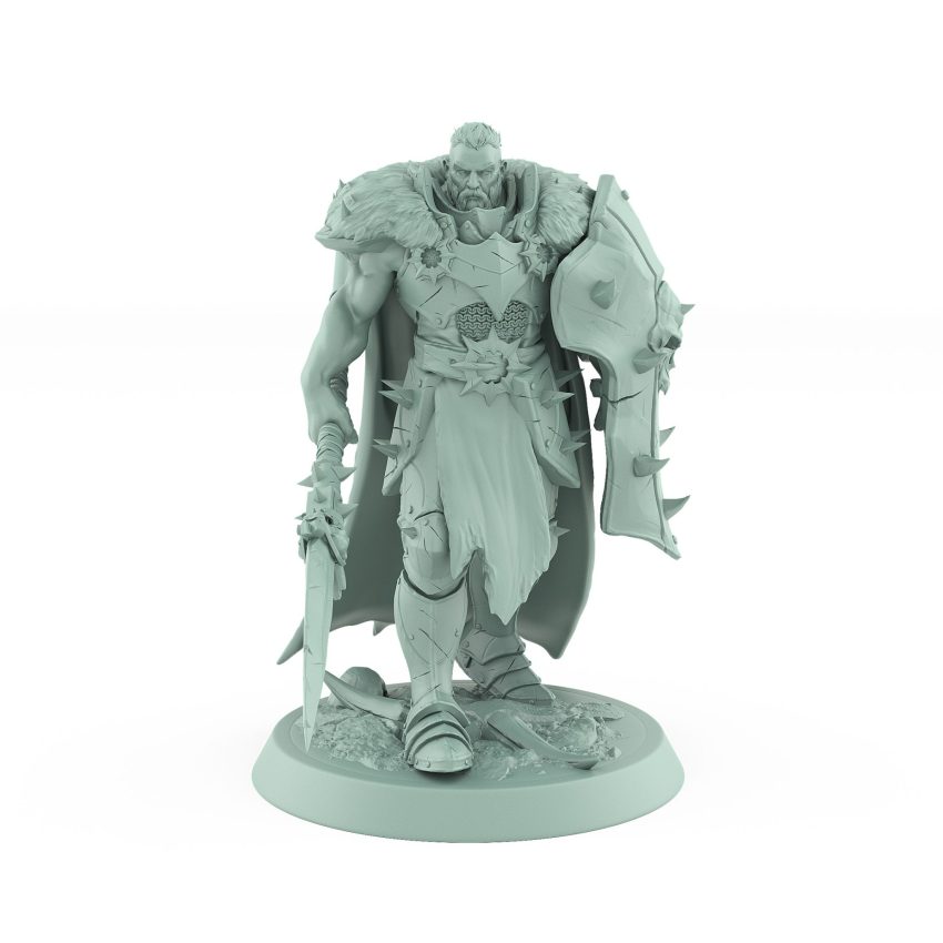 armored soldier with spiked shield and spear walking forward from unchained collection