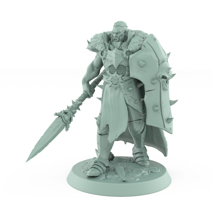 armored soldier with spiked shield and spear walking forward from unchained collection