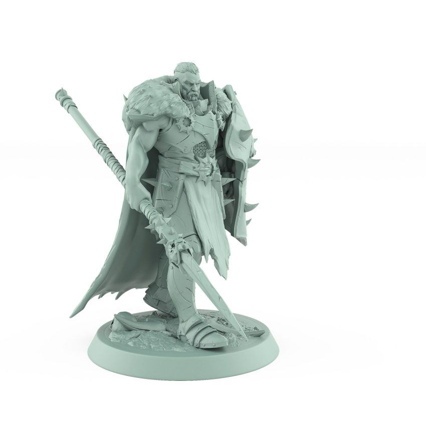 armored soldier with spiked shield and spear walking forward from unchained collection