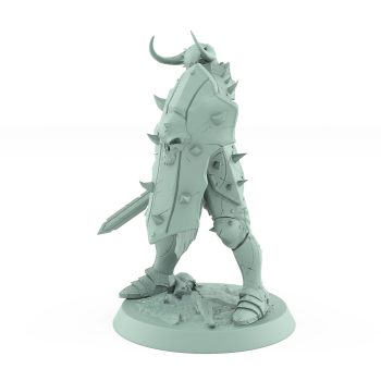 warrior in defensive pose holding a large skull-decorated shield and sword ready stance from unchained collection