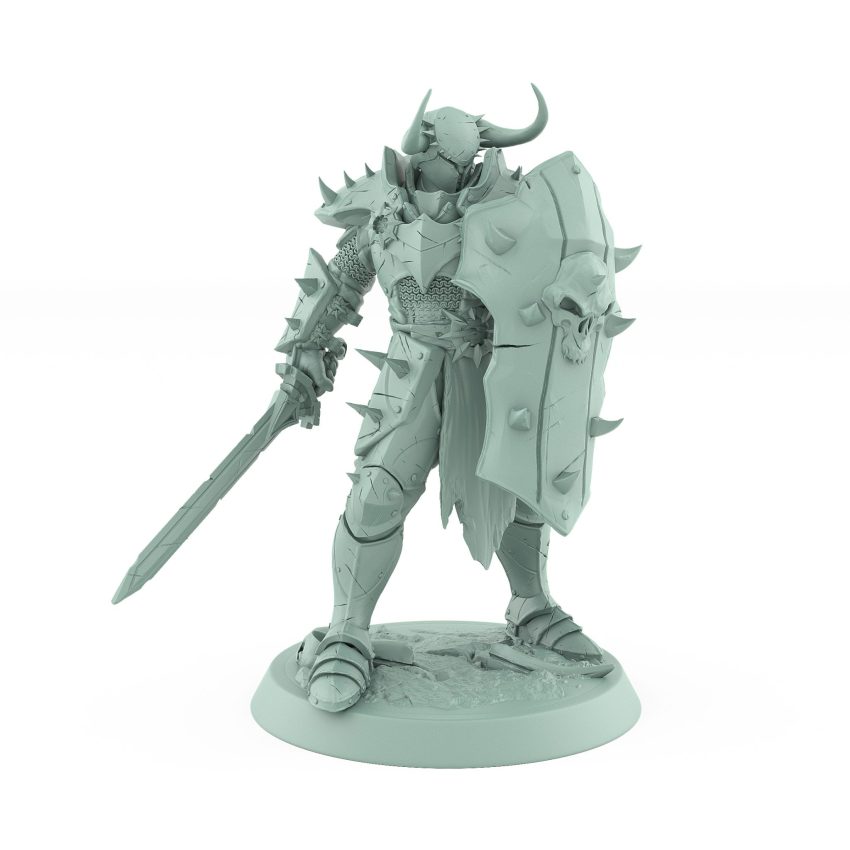 warrior in defensive pose holding a large skull-decorated shield and sword ready stance from unchained collection