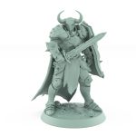 warrior in horned helm with sword and skull shield mid-battle breath pose on detailed base