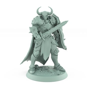 warrior in horned helm with sword and skull shield mid-battle breath pose on detailed base