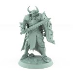 warrior in horned helm with sword and skull shield mid-battle breath pose on detailed base