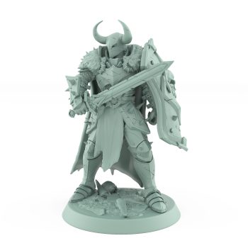 warrior in horned helm with sword and skull shield mid-battle breath pose on detailed base