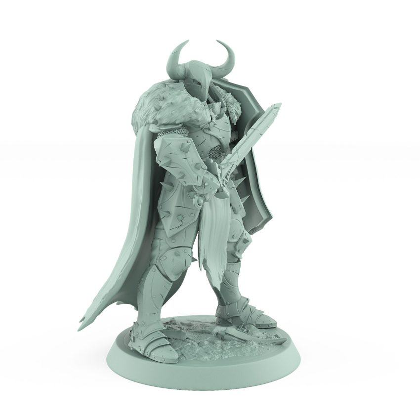 warrior in horned helm with sword and skull shield mid-battle breath pose on detailed base