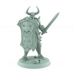 armored knight with spiked shield and sword standing guard in horned helm and defensive stance