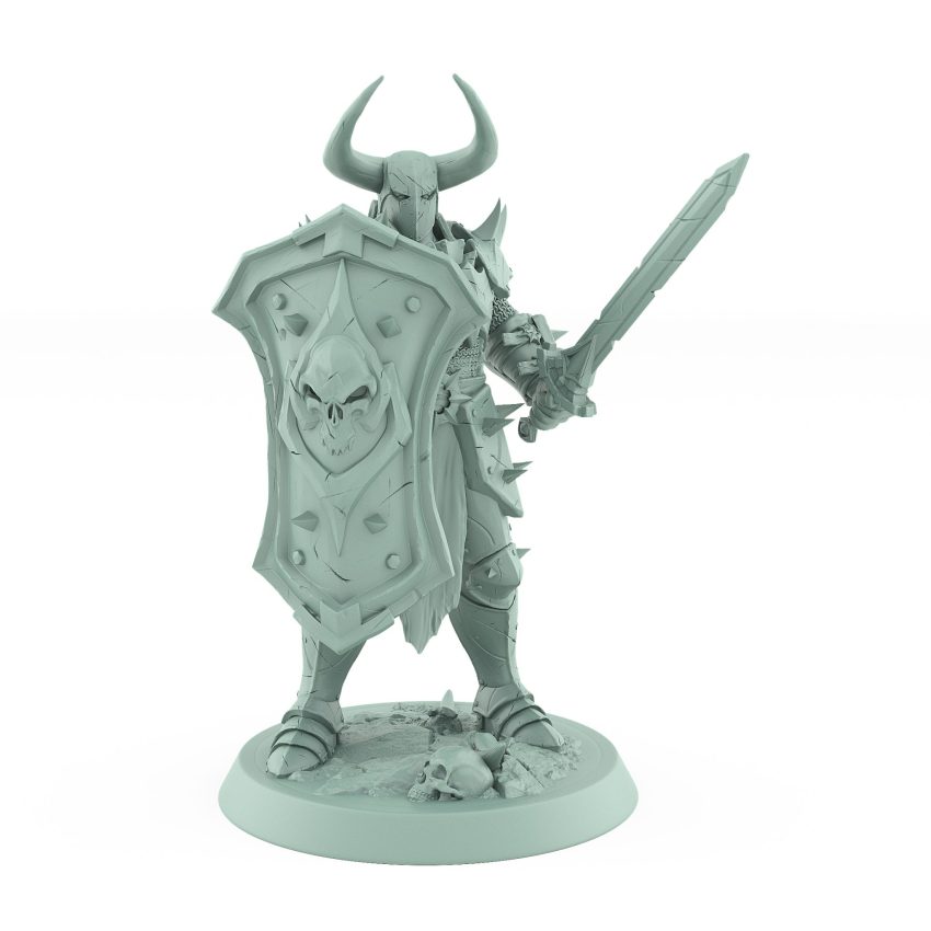 armored knight with spiked shield and sword standing guard in horned helm and defensive stance