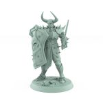 armored knight with spiked shield and sword standing guard in horned helm and defensive stance