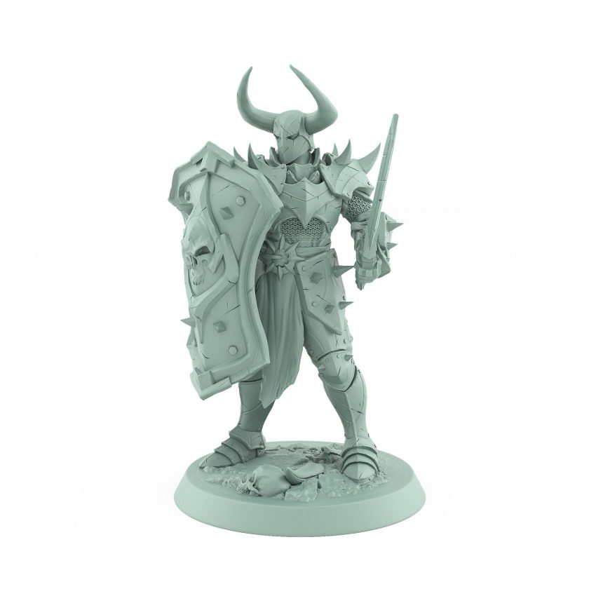 armored knight with spiked shield and sword standing guard in horned helm and defensive stance