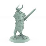 armored knight with spiked shield and sword standing guard in horned helm and defensive stance