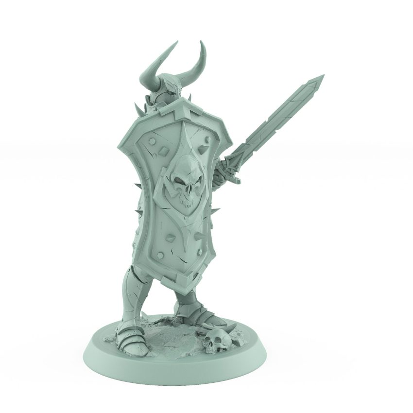 armored knight with spiked shield and sword standing guard in horned helm and defensive stance