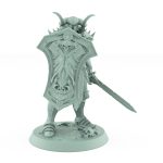 intimidating armored warrior with horned helmet and skull shield standing in pose of alert vigilance
