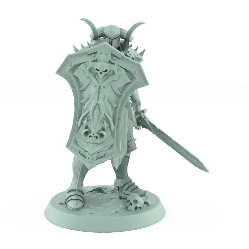 intimidating armored warrior with horned helmet and skull shield standing in pose of alert vigilance