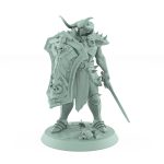 intimidating armored warrior with horned helmet and skull shield standing in pose of alert vigilance