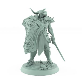 intimidating armored warrior with horned helmet and skull shield standing in pose of alert vigilance