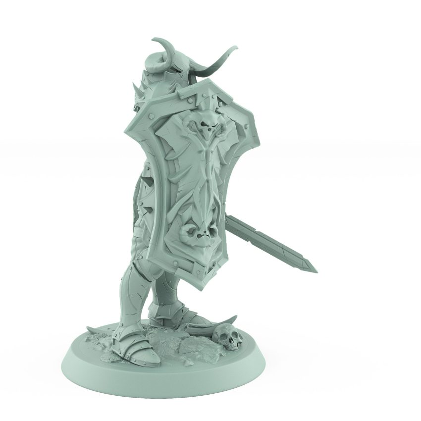 intimidating armored warrior with horned helmet and skull shield standing in pose of alert vigilance