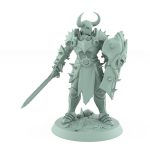horned warrior in heavy armor holding sword and skull-faced shield in a defensive ready pose