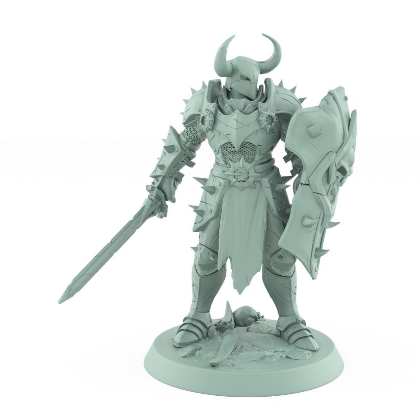 horned warrior in heavy armor holding sword and skull-faced shield in a defensive ready pose