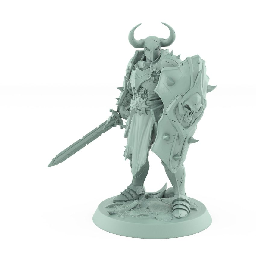 horned warrior in heavy armor holding sword and skull-faced shield in a defensive ready pose