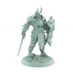 horned warrior in heavy armor holding sword and skull-faced shield in a defensive ready pose