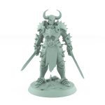 heavily armored horned warrior standing with sword down in calm ready stance