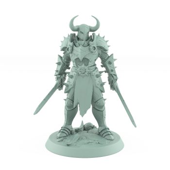 heavily armored horned warrior standing with sword down in calm ready stance