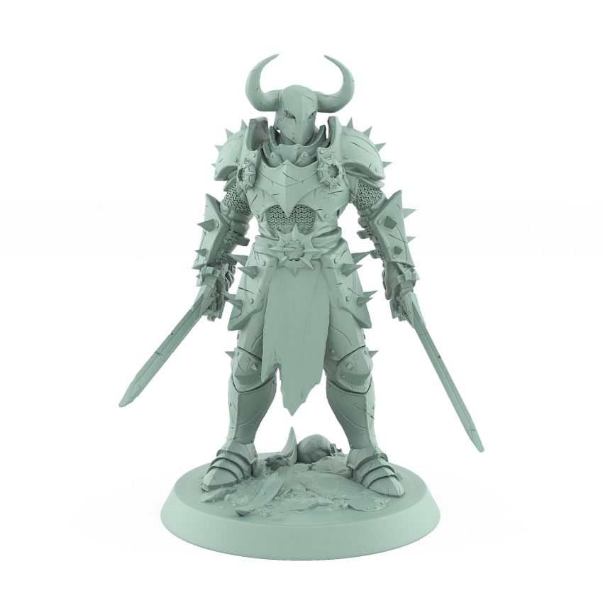 heavily armored horned warrior standing with sword down in calm ready stance