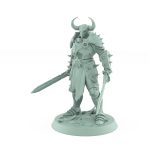 heavily armored horned warrior standing with sword down in calm ready stance