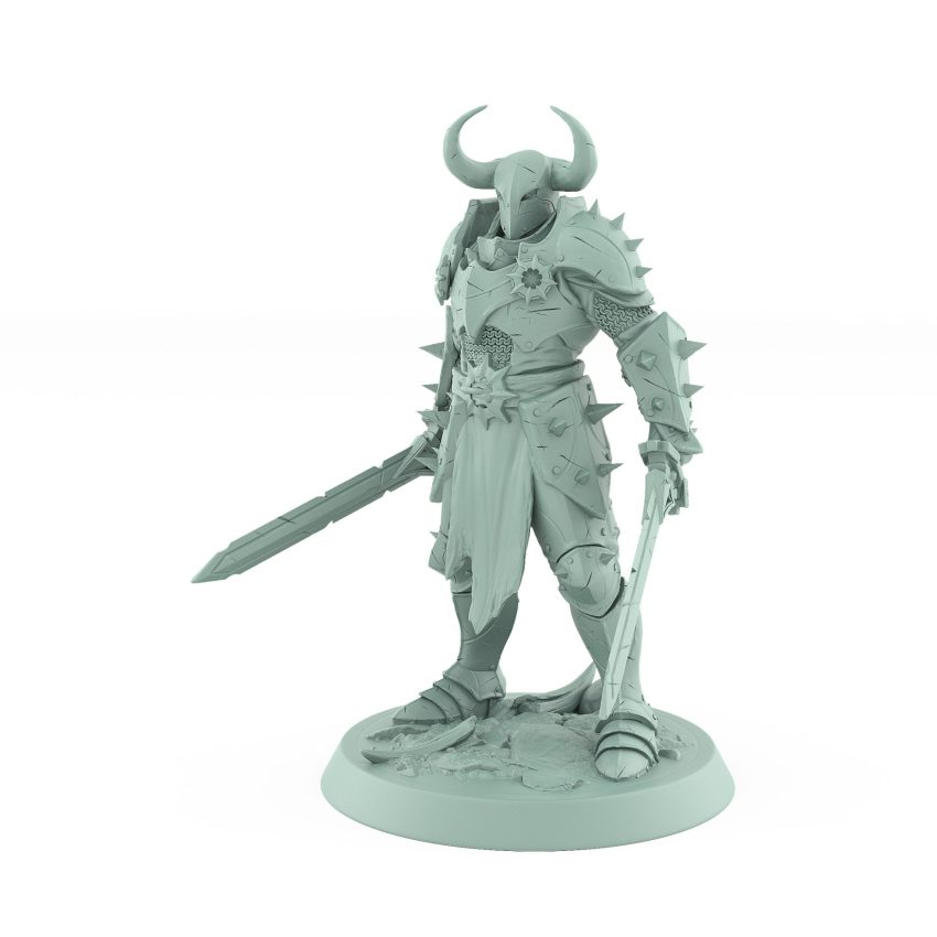 heavily armored horned warrior standing with sword down in calm ready stance