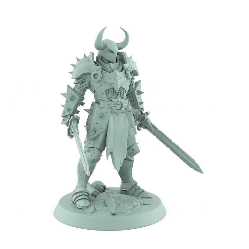 heavily armored horned warrior standing with sword down in calm ready stance