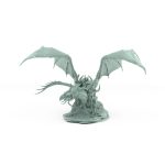 dragon with wings spread and armored rider standing on rocky base