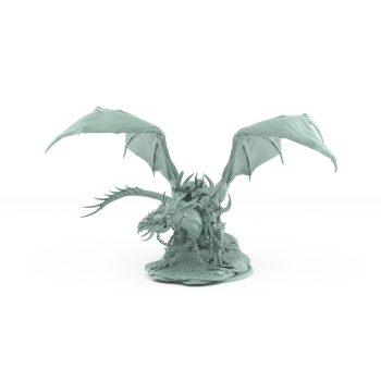 dragon with wings spread and armored rider standing on rocky base