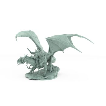 dragon with wings spread and armored rider standing on rocky base