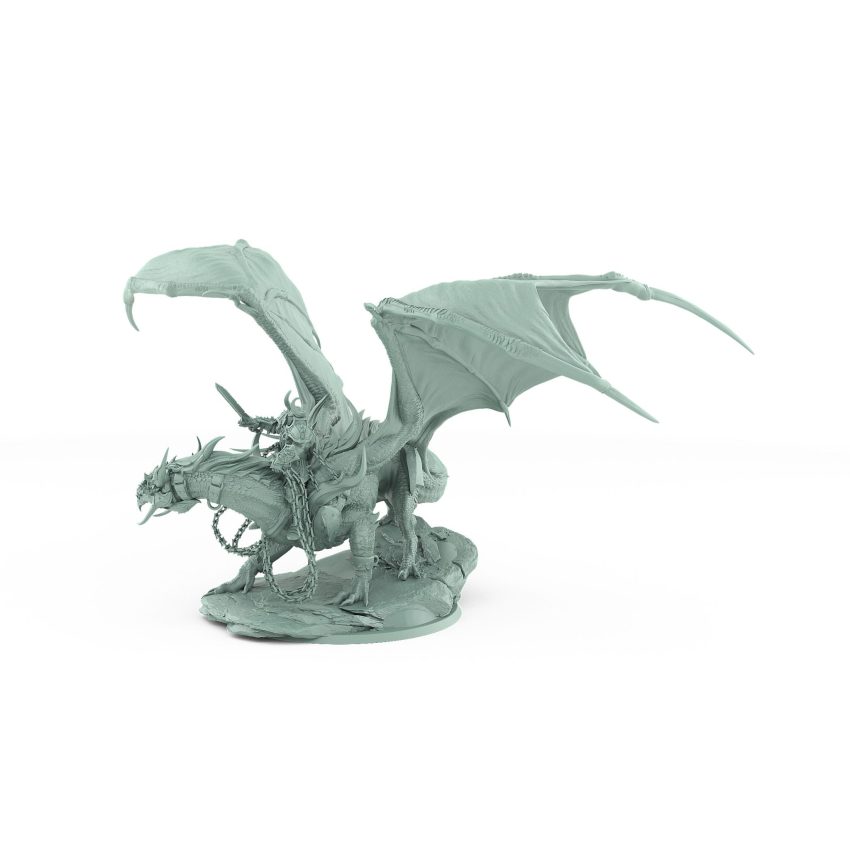 dragon with wings spread and armored rider standing on rocky base