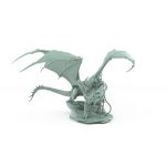 dragon with wings spread and armored rider standing on rocky base