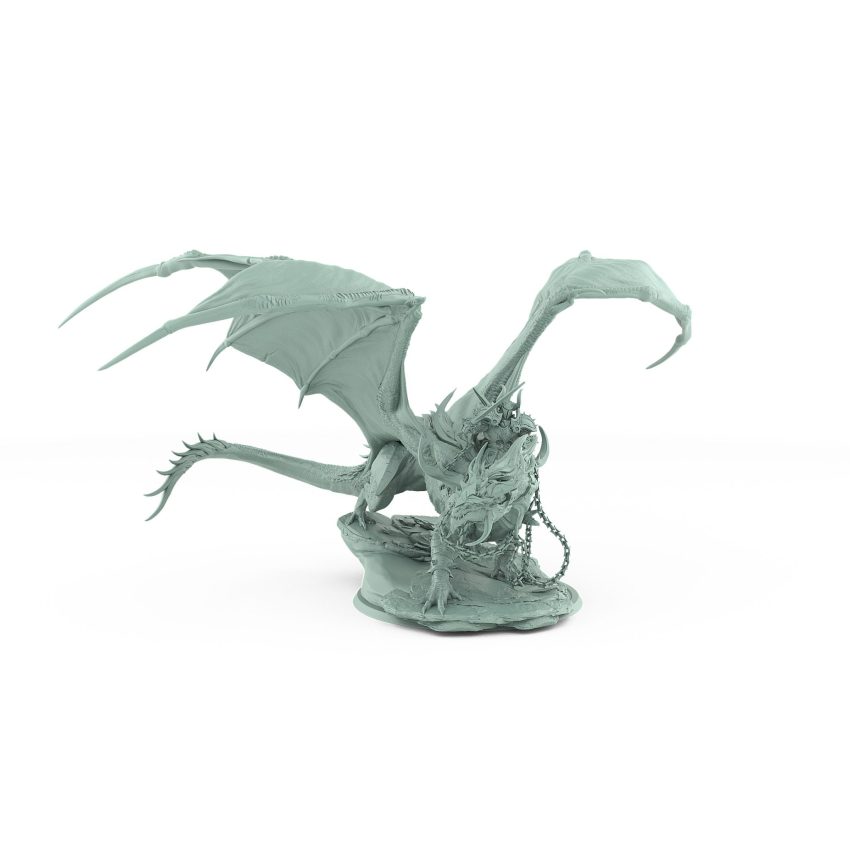 dragon with wings spread and armored rider standing on rocky base