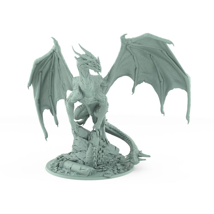 dragon perched on stone ruins with massive wings and detailed scales