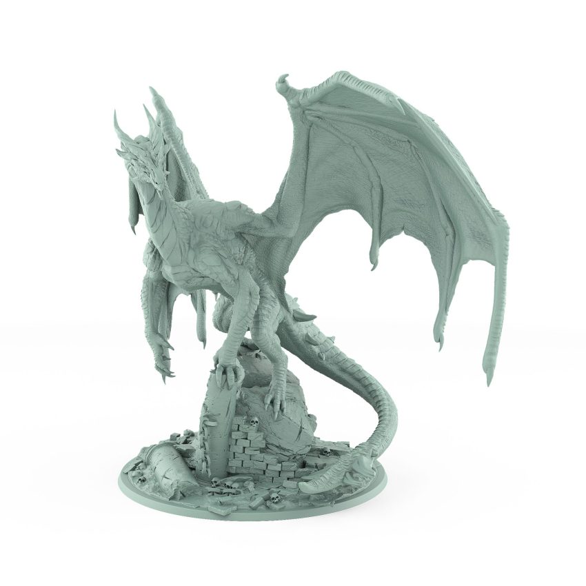 dragon perched on stone ruins with massive wings and detailed scales