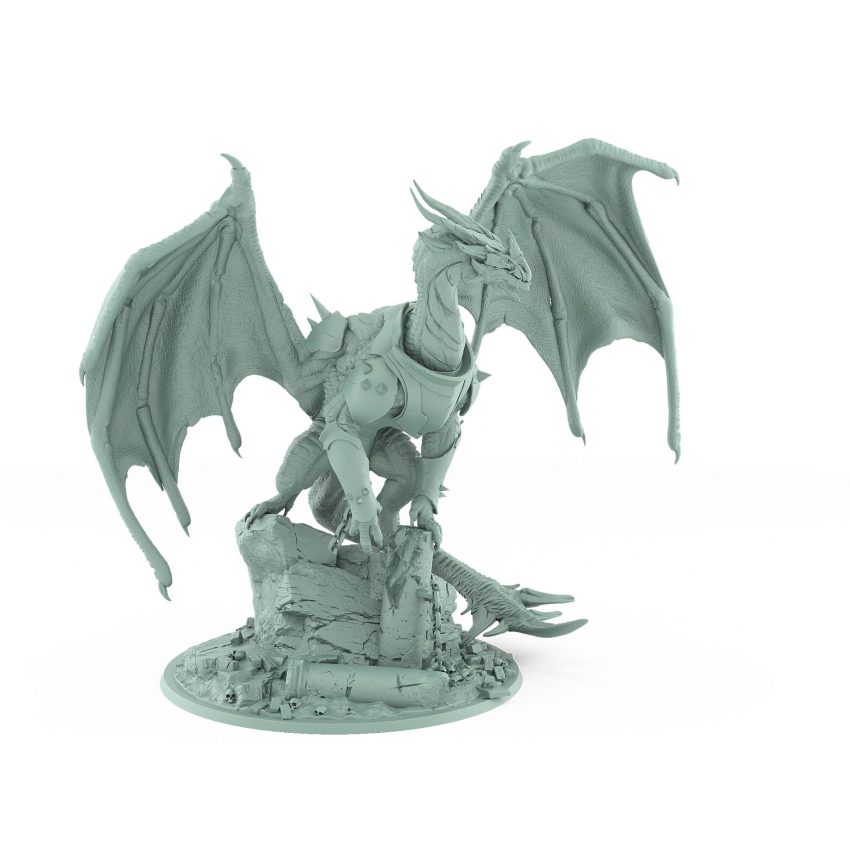 armored dragon with upright stance and gothic ruined base