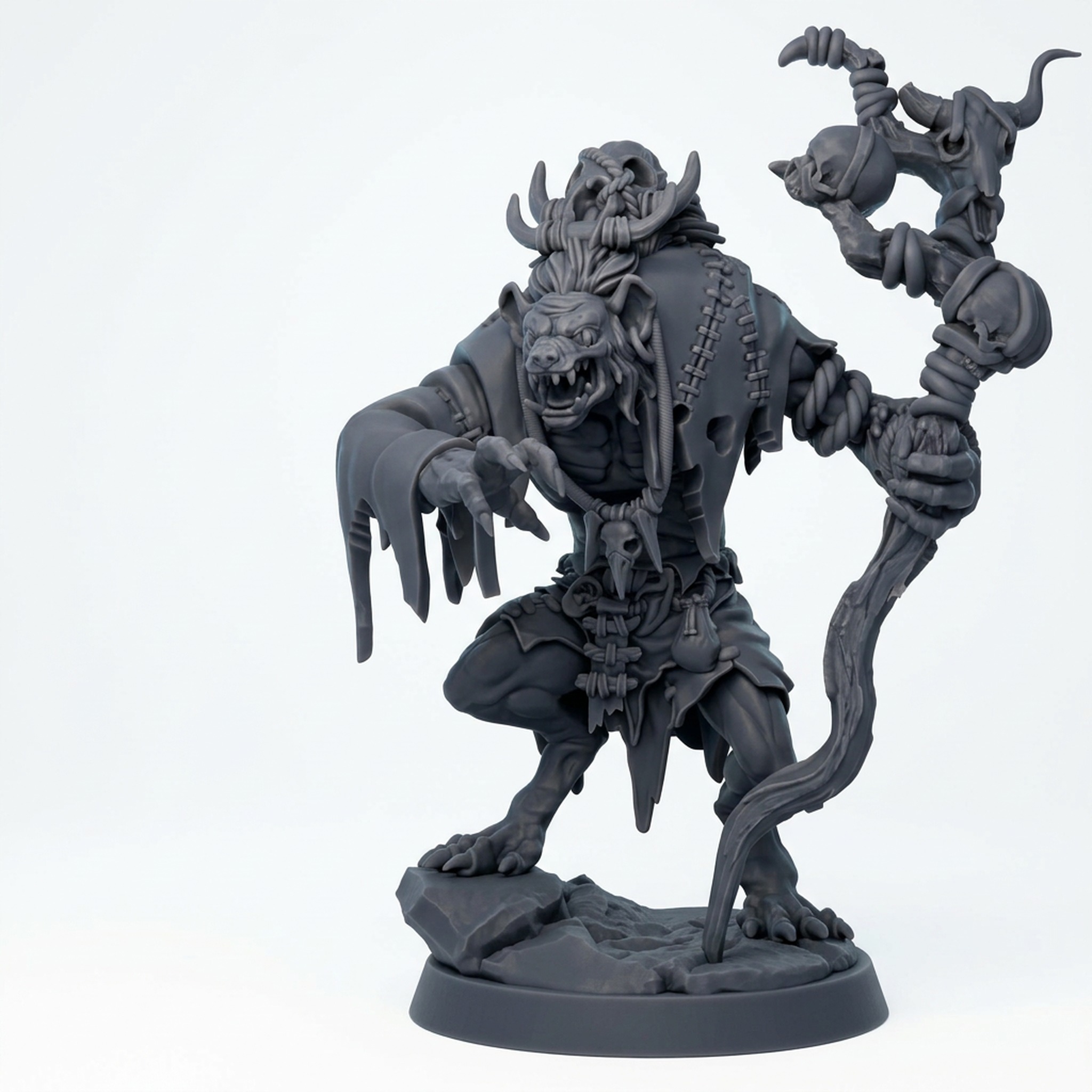 Gnoll Ruincaller - Gray Resin 3D Printed Miniature