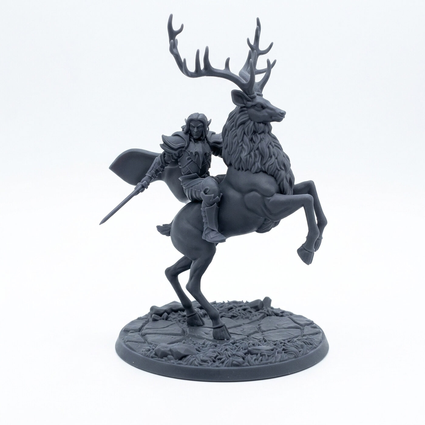 Elven Rider On Deer Rearing Kahainen Valabar - Gray Resin 3D Printed Miniature