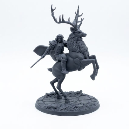 Elven Rider On Deer Rearing Kahainen Valabar - Gray Resin 3D Printed Miniature